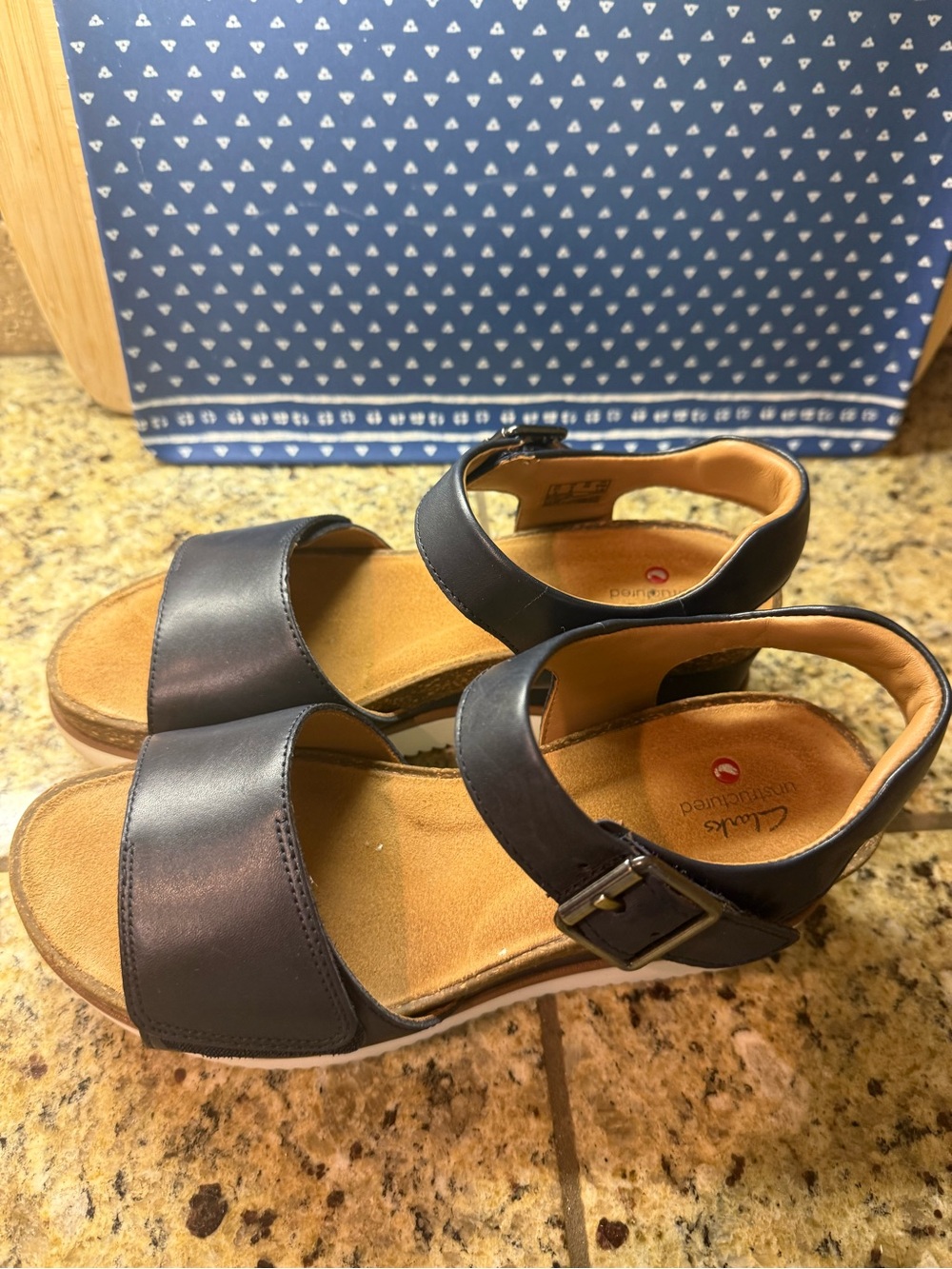 Clarks Navy Platform Wedge Sandals with Velcro/Buckle strap - Picture 2 of 9